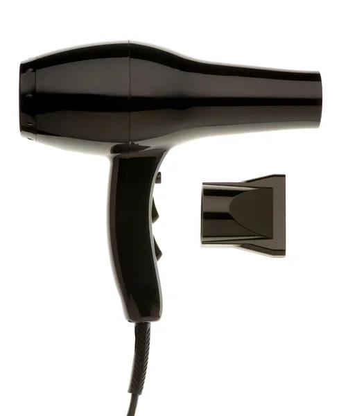 Secador de cabelo preto isolado no fundo branco — Fotografia de Stock