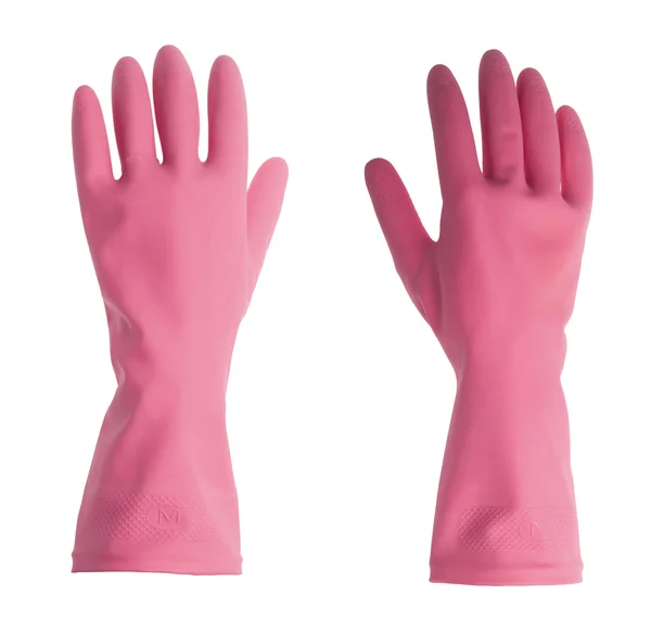 Handslag med en rosa vinyl handske — Stockfoto