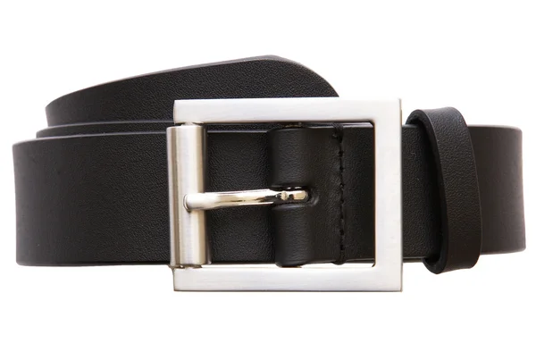Schwarzer Ledergürtel mit Metallgussschnalle isoliert auf weißem Rücken — Stockfoto