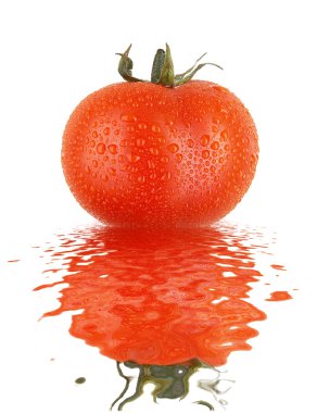 Fresh tomato with drops and refletion on water smooth surface clipart