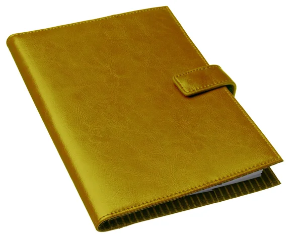 Caderno de couro velho dourado isolado no fundo branco — Fotografia de Stock