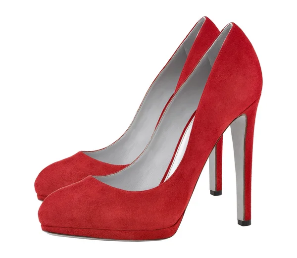 Beyaz zemin üzerinde izole kırmızı süet kadın ayakkabı — Stok fotoğraf