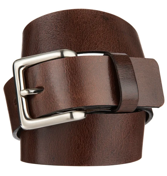Cintura Pelle Marrone Con Fibbia Metallo Cast Isolato Sfondo Bianco — Foto Stock