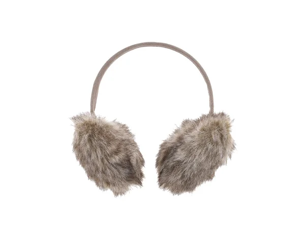Woman Wool Assesory Ear Fur Ear Phones Isolated White Background — Stock Photo, Image