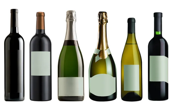 Conjunto Garrafas Vinho Tinto Branco Champanhe Isolado Branco — Fotografia de Stock