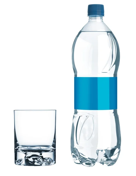 Blauwe fles met water en leeg glas geïsoleerd op een witte backg — Stockfoto