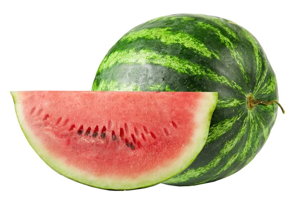 Studio Shot Van Een Vlekkeloze Hele Watermeloen Geïsoleerd Puur Wit — Stockfoto
