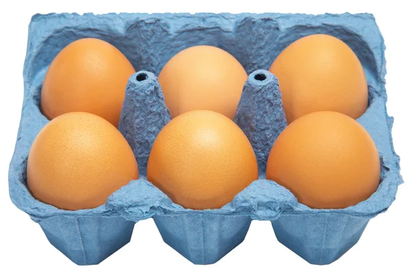 Ein Karton Mit Sechs Eiern Isoliert Auf Weiß — Stockfoto