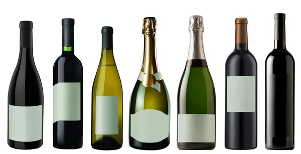 Set Botellas Vino Tinto Blanco Champán Aislados Sobre Fondo Blanco —  Fotos de Stock