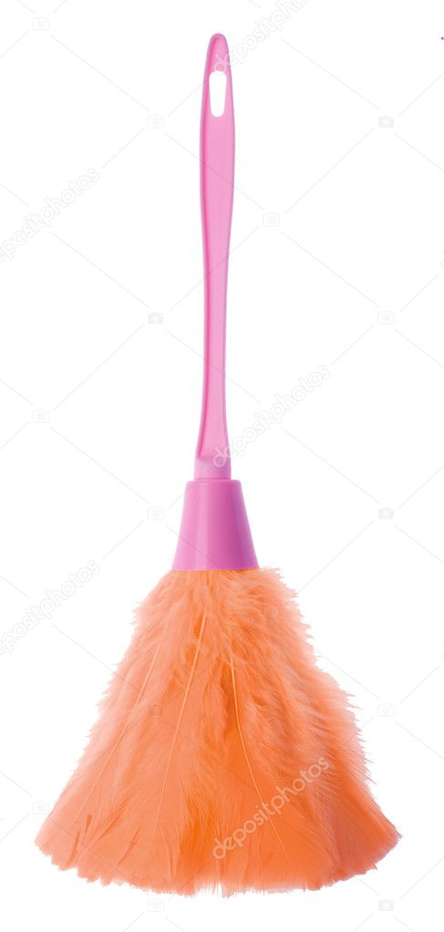 Ostrich feather duster with wooden handle isolated on white background