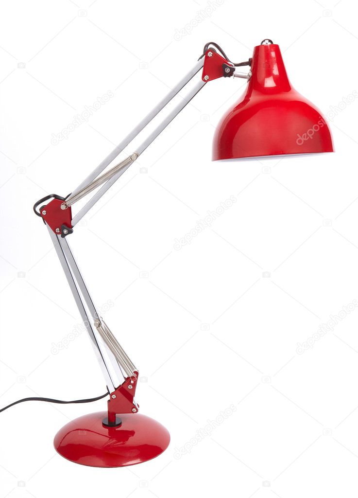 Red desk lamp with spiral type energy saving light.