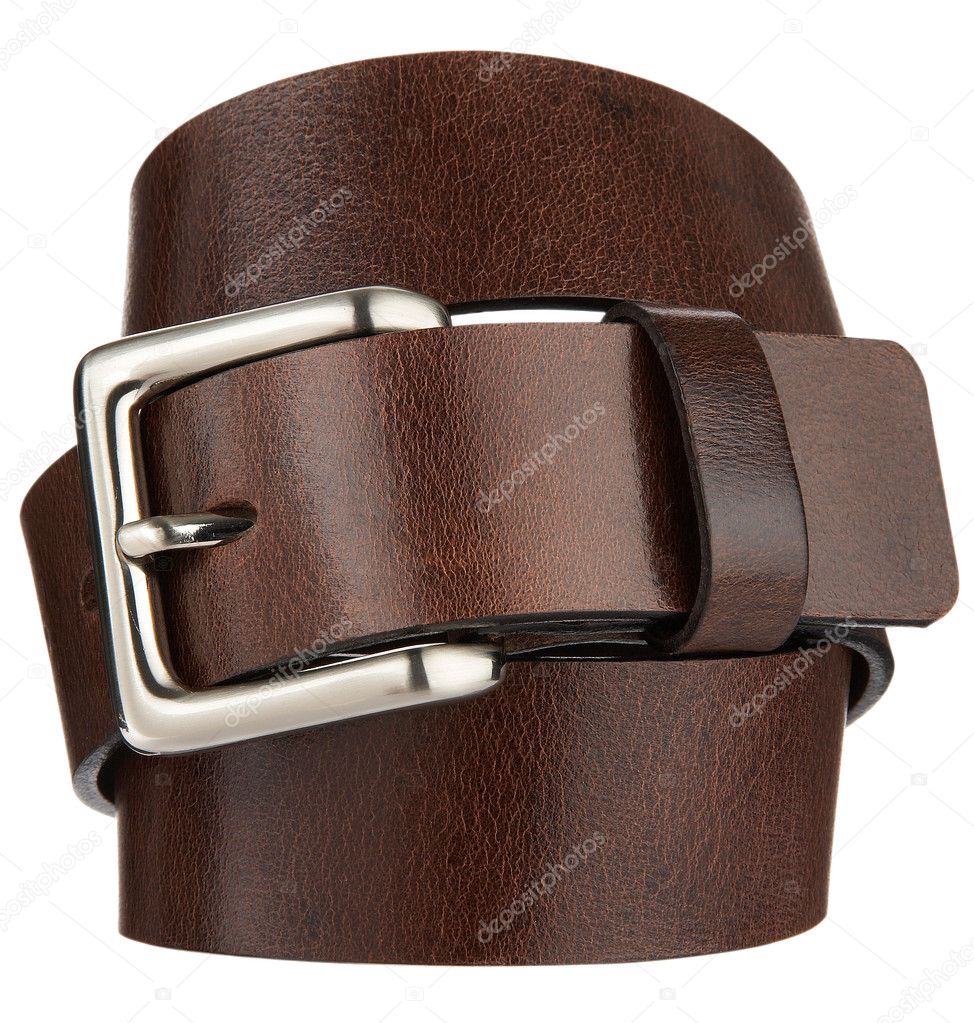 Brown leather belt with metal Cast buckle isolated on white background