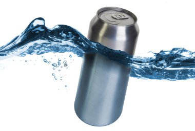 Blank can dropped into water with splash isolated on white clipart