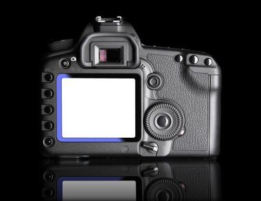 Blank camera screen with cllipping paths. Professional Digital Camera. It is isolated on black background with reflection clipart