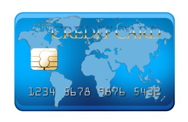 Blue credit card with world map - isolated on white with clipping path clipart