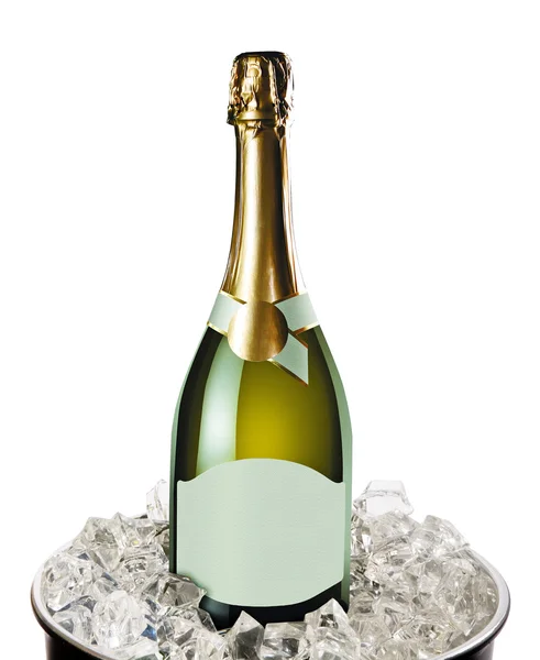 Пляшка шампанського у відрі з льодом на білому — стокове фото