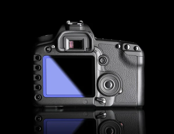 Профессиональная Цифровая Камера Вид Сзади Изолирован Черном Фоне Отражением — стоковое фото