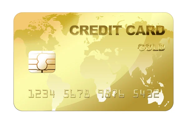 Cartão de crédito dourado com mapa do mundo - isolado em branco com recorte — Fotografia de Stock