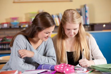 Two schoolgirls in class clipart