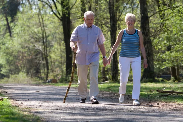 Старшая пара прогуливается по парку — стоковое фото