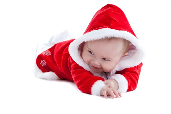 Bebê bonito no pequeno terno de Papai Noel — Fotografia de Stock