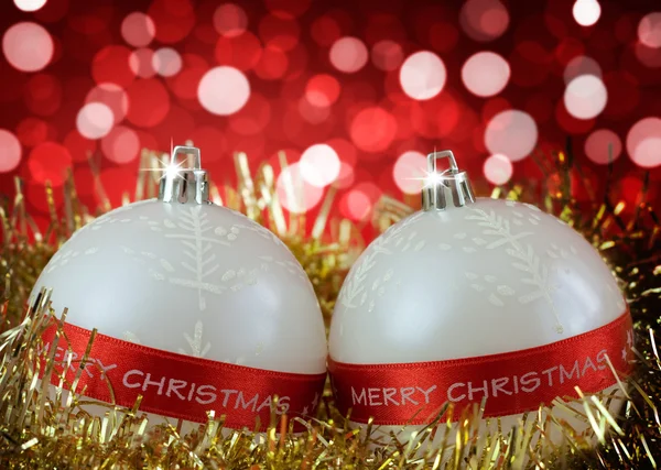 White Christmas baubles with Merry Christmas sign — Stock Photo, Image