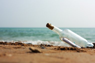 A Letter in a bottle on the shore,cast out by ocean or sea