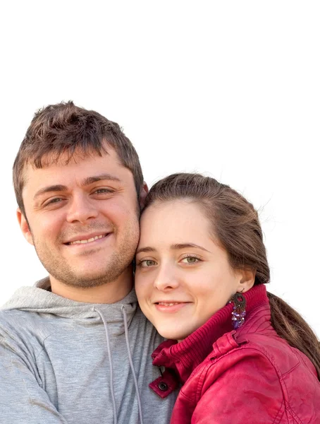 美丽的年轻 Couple Male 拥抱他的女朋友白色背景的肖像 — 图库照片