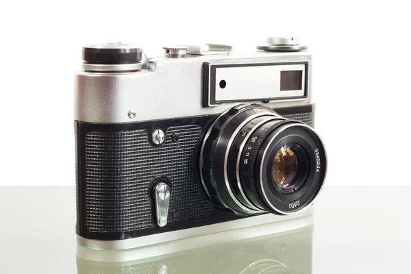 Alte Fotokamera Auf Glastisch Weißer Hintergrund — Stockfoto