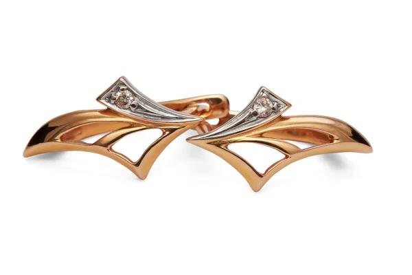 Goldene Ohrringe mit Diamanten isoliert — Stockfoto