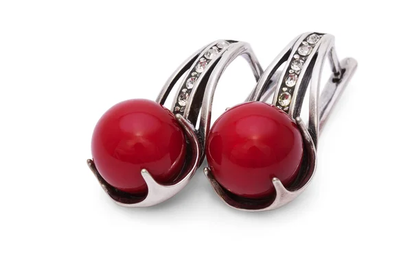 Silver Earrings with Red Coral isolated — Stock Photo, Image