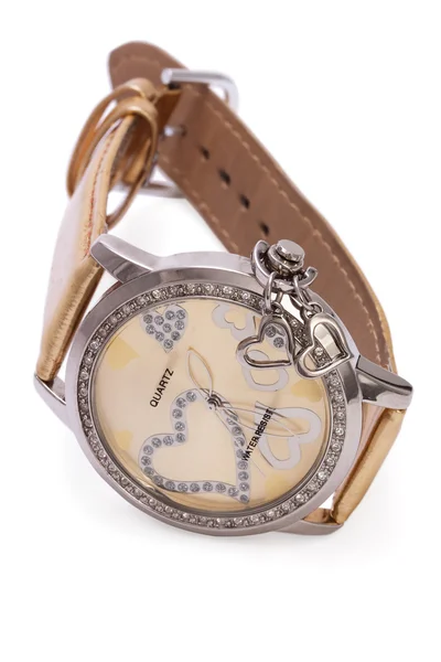 Zlaté náramkové hodinky s srdci izolované — Stock fotografie