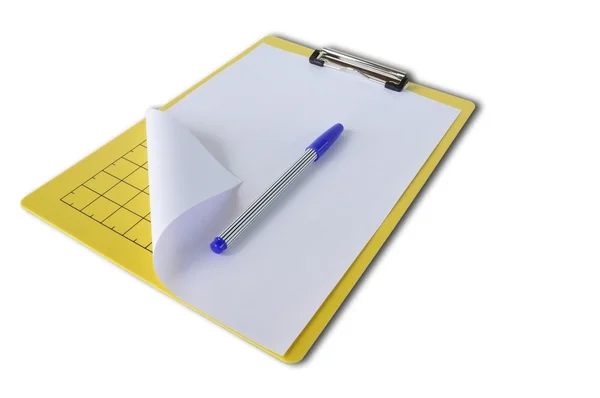 Πρόχειρο με χαρτιά και μπλε στυλό πάνω σε λευκό φόντο απομόνωση — Φωτογραφία Αρχείου