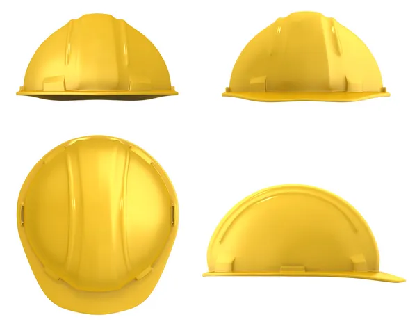 Жовтий будівельний шолом чотири види ізольовані на білому — стокове фото