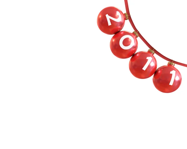 Klasické červené lesklé chirstmass koule na červenou čáru, umístěné v rohu — Stock fotografie