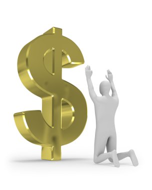 3D man worships big dollar sign clipart