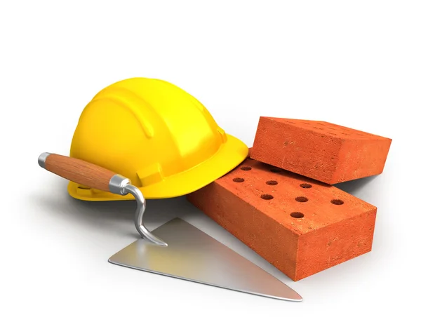 Bricks, trowel and a yellow plastic helmet — Stock Photo, Image
