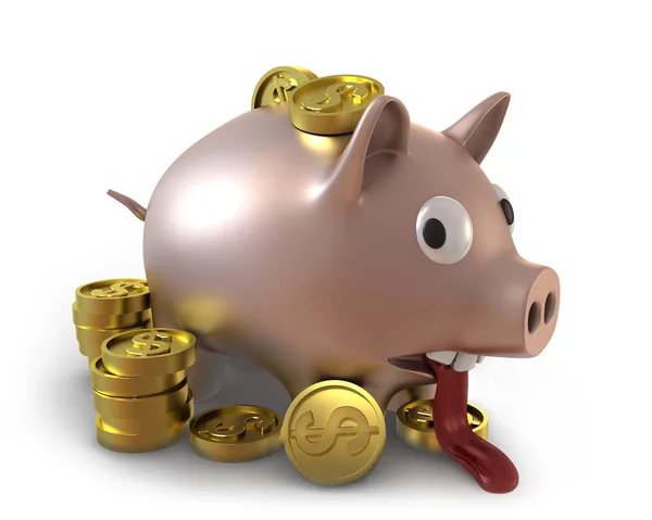 Unhappy overflown piggy bank full of coins — Stock Photo, Image