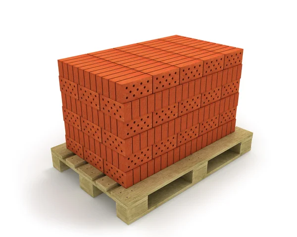 Pilha de tijolos laranja em paletes, isolado em branco, diagonal vi — Fotografia de Stock