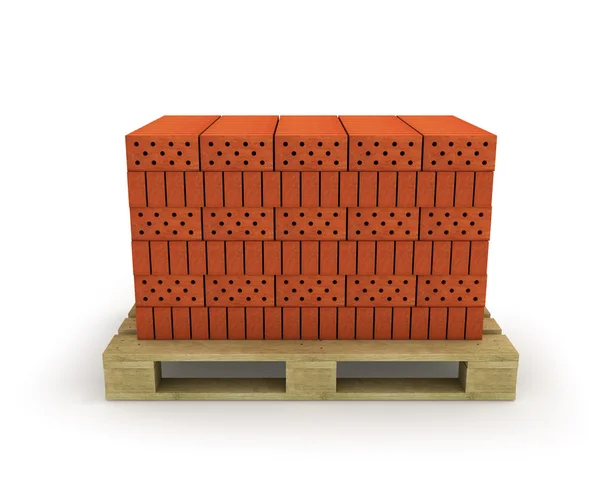 Pilha de tijolos laranja em paletes, isolados em branco — Fotografia de Stock