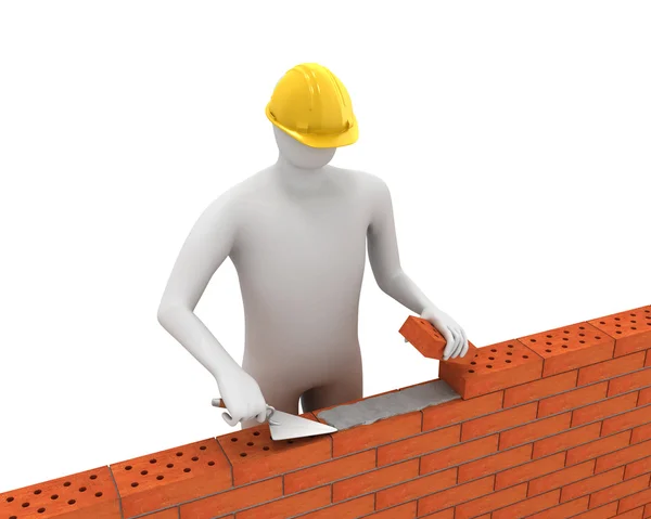 3D construtor branco coloca tijolos — Fotografia de Stock