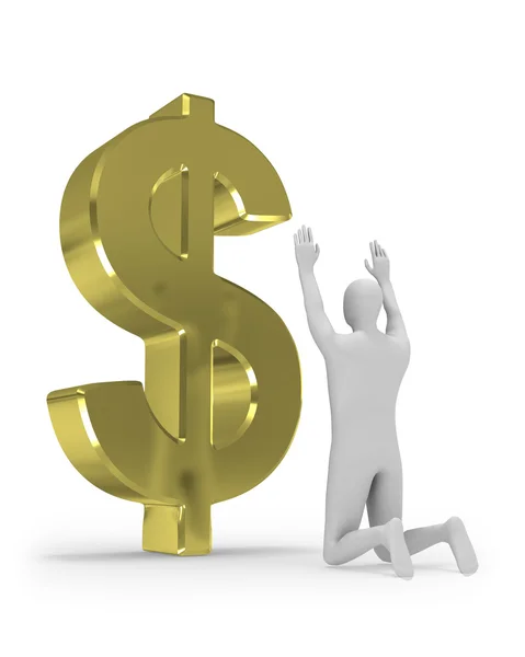 3D человек поклоняется большой знак доллара — стоковое фото