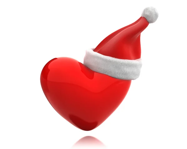 Rotes, glänzendes Herz mit Weihnachtsmütze — Stockfoto