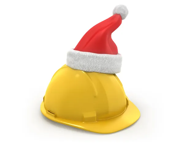 Gele helm met kerstman hoed op bovenkant Stockfoto