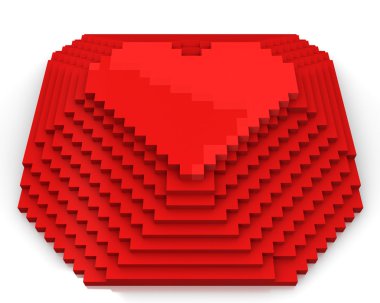 Pyramid with heart on top made of red cubic pixels, front view clipart