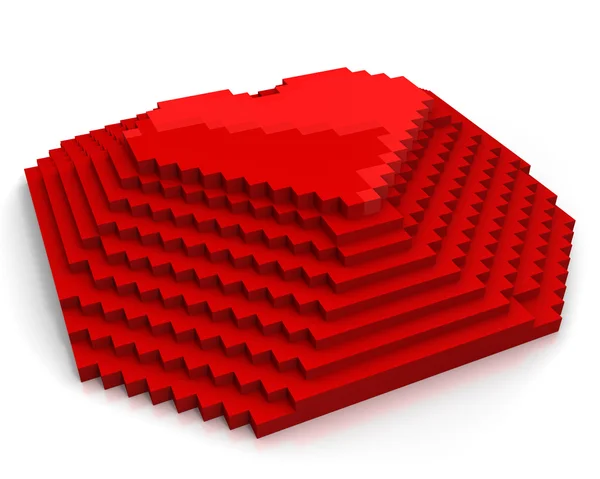 Пирамида с сердцем сверху из красных кубических пикселей, диагональный вид — стоковое фото