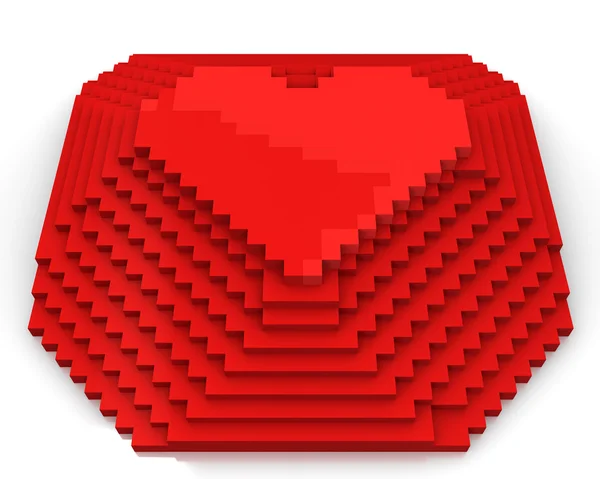 Піраміда з серцем зверху з червоних кубічних пікселів, вид спереду — стокове фото