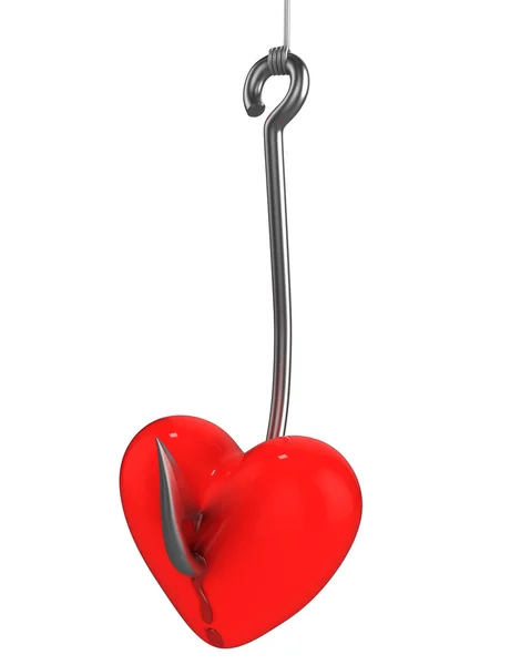 Balıkçılık kanca üzerinde kırmızı kalp — Stok fotoğraf