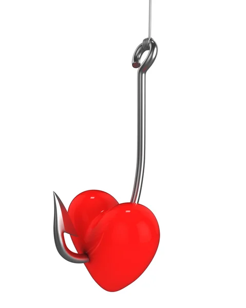 Coração vermelho em um gancho de pesca — Fotografia de Stock