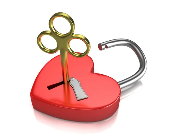 Opened red lock formed as heart with a golden key in a keyhole — Stock Photo, Image